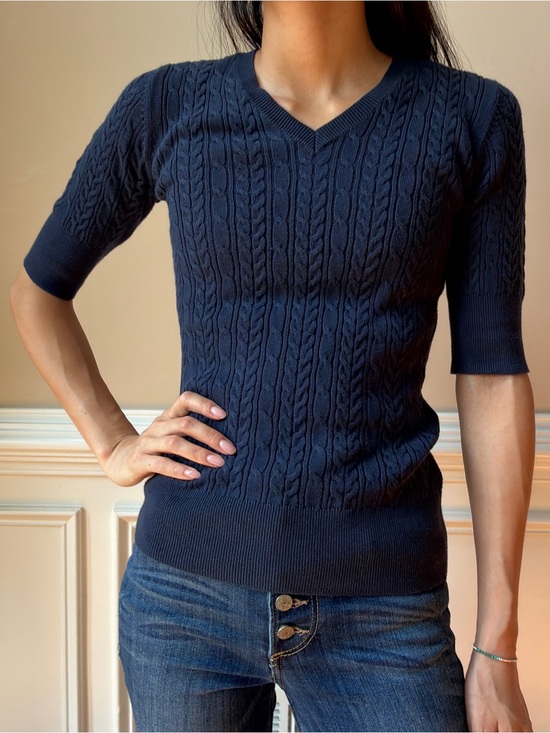 Sweaters - Classic Navy Cable-Knit V-Neck Women's Sweater